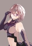  armor bad_id bad_pixiv_id blue_eyes breasts elbow_gloves fate/grand_order fate_(series) glasses gloves hair_behind_eyewear hair_over_one_eye large_breasts looking_at_viewer mash_kyrielight navel parted_lips purple_background purple_eyes purple_hair satsuki_(kasuga_521) short_hair simple_background solo 