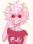  1girl ashido_mina black_sclera boku_no_hero_academia breasts collarbone eyelashes female fingersmile grin hand_up highres horns looking_at_viewer messy_hair open_mouth pink pink_background pink_hair sally_(luna-arts) shirt short_hair short_sleeves simple_background smile solo t-shirt teeth upper_body yellow_eyes 