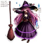 blush broom cape cat commentary_request crystal dress full_body green_eyes hair_flaps hat jewelry long_hair looking_at_viewer necklace nyamota original purple_dress purple_hair sash solo translation_request very_long_hair white_background witch witch_hat 
