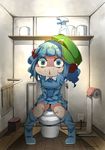  absurdres bathroom black_panties blue_eyes blue_footwear blue_hair blue_shirt blue_skirt boots bottle breast_pocket breasts cabbie_hat electric_socket eyebrows eyebrows_visible_through_hair flanvia hands_on_lap hat highres indoors kawashiro_nitori key_necklace knee_boots light looking_at_viewer medium_breasts open_mouth panties panty_pull pocket rubber_boots shirt short_hair skirt solo spray_bottle sweat sweating_profusely tearing_up thighs toilet toilet_paper toilet_use touhou towel trash_can two_side_up underwear wavy_eyes 