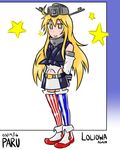  admiral_paru arms_behind_back blonde_hair commentary detached_sleeves english english_commentary full_body iowa_(kantai_collection) kantai_collection long_hair looking_at_viewer mismatched_legwear navel smile solo star star-shaped_pupils starry_background symbol-shaped_pupils younger 