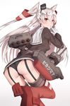  amatsukaze_(kantai_collection) arched_back ass bad_id bad_pixiv_id black_panties blush brown_dress brown_eyes dress garter_straps gloves hair_tubes highres inaba_sunimi kantai_collection long_hair long_sleeves looking_back machinery o_o panties red_legwear rensouhou-kun sailor_collar sailor_dress short_dress silver_hair simple_background smile solid_circle_eyes striped striped_legwear thighhighs torpedo translation_request two_side_up underwear white_background white_gloves windsock 