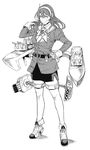  ashigara_(kantai_collection) bangs commentary_request gloves greyscale hairband hand_in_hair hand_on_hip high_heels hiro_(chumo) jacket kantai_collection long_hair looking_at_viewer miniskirt monochrome neckerchief pantyhose remodel_(kantai_collection) rigging skirt smile solo turret 