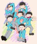  black_hair brothers formal male_focus matsuno_choromatsu matsuno_ichimatsu matsuno_juushimatsu matsuno_karamatsu matsuno_osomatsu matsuno_todomatsu multiple_boys osomatsu-kun osomatsu-san owlz pink_background scribble sextuplets siblings simple_background smile suit v 