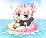  ? blue_eyes chibi eating food food_on_face gloves grey_legwear hair_ornament ice_cream ice_cream_cone ice_cream_on_face innertube kantai_collection machinery neck_ribbon pink_hair ponytail red_neckwear red_ribbon ribbon school_uniform shiranui_(kantai_collection) shirt short_hair short_ponytail socks soft_serve solo takamura_masaya tongue tongue_out torpedo vest water white_gloves white_shirt 