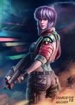  2015 artist_name ass bullpup charlie_wilcher cropped_jacket fingerless_gloves from_behind ghost_in_the_shell gloves high_collar jacket kusanagi_motoko laser_sight leotard lips nose pants purple_hair red_eyes red_jacket short_hair solo 