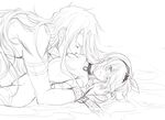  1girl bed_sheet breast_biting breasts couple edna_(tales) greyscale hairband hetero long_hair monochrome nude sex short_hair small_breasts sweat tales_of_(series) tales_of_zestiria tattoo tusia wince zaveid_(tales) 