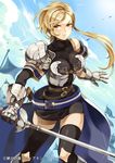  armor banner blonde_hair blue_eyes breasts cape dress gauntlets inzup large_breasts long_hair original side_ponytail solo sun sunlight sword thighhighs weapon zettai_bouei_leviathan zettai_ryouiki 