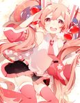  cherry detached_sleeves food fruit hatsune_miku komadori_ui long_hair looking_at_viewer necktie open_mouth pink_eyes pink_hair sakura_miku salute skirt solo thighhighs twintails very_long_hair vocaloid 