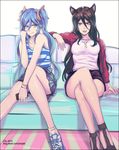  :d ahri animal_ears artist_name blue_hair bracelet breasts brown_hair cal_(pmgdd) casual cellphone couch crossed_legs earrings facial_mark fang fox_ears fox_tail grin hair_ribbon head_tilt highres horizontal_stripes jacket jewelry large_breasts league_of_legends long_hair looking_at_viewer multiple_girls multiple_tails necklace open_clothes open_jacket open_mouth phone plaid plaid_skirt red_eyes ribbon ring sandals shirt shoes sitting skirt smile sneakers sona_buvelle striped striped_shirt tail twintails watermark web_address whisker_markings yellow_eyes 