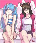  ahri animal_ears artist_name blue_hair bracelet breasts brown_hair cal_(pmgdd) cellphone crossed_legs earrings facial_mark fang fox_ears fox_tail hair_ribbon head_tilt horizontal_stripes jacket jewelry large_breasts league_of_legends long_hair looking_at_viewer multiple_girls multiple_tails necklace open_clothes open_jacket phone red_eyes ribbon ring shirt sitting smile smirk sona_buvelle striped striped_shirt tail twintails watermark web_address whisker_markings yellow_eyes 