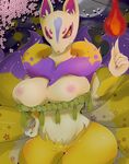  artist_request breasts cherry_blossoms flame furry kyuubi_(yokai_watch) kyuubi_(youkai_watch) nipples yellow_eyes youkai_watch 