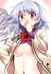  angel_wings blush breasts brooch center_opening covering_mouth e.o. finger_to_face hand_on_hip highres jewelry kishin_sagume large_breasts long_sleeves looking_at_viewer naked_shirt navel no_bra open_clothes open_shirt out-of-frame_censoring red_eyes shirt shy silver_hair single_wing solo touhou underboob wings 