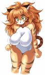  :3 blush breasts cropped_legs furry green_eyes large_breasts long_hair looking_at_viewer orange_hair original oyatsu_(mk2) simple_background solo white_background 