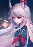  ainy77 artist_name bad_id bad_pixiv_id dress ex-keine full_moon horn_ribbon horns kamishirasawa_keine long_hair looking_at_viewer moon open_mouth puffy_sleeves red_eyes ribbon short_sleeves silver_hair solo touhou upper_body 