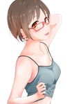  1girl :p brown_hair camisole erect_nipples hand_behind_head highres looking_at_viewer orange_eyes original pink-framed_glasses shirt_lift short_hair solo solvalou strap_gap tongue tongue_out upper_body white_background 