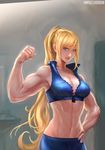  arnon_nahlek bare_shoulders blonde_hair blue_eyes breasts cleavage crop_top flexing hand_on_hip highres large_breasts long_hair metroid metroid_fusion midriff muscle muscular_female navel parted_lips pose samus_aran smile solo super_smash_bros. unzipped very_long_hair 