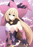  armpits black_sleeves blonde_hair book cowboy_shot detached_sleeves feather_boa green_eyes hat highres long_hair looking_at_viewer magilou_(tales) mismatched_sleeves parted_lips pink_sleeves purple_background sakuno_ririsu solo tales_of_(series) tales_of_berseria witch_hat 
