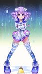  absurdres blush choker crossed_arms d-pad d-pad_hair_ornament dated food gunbuster_pose hair_ornament highres looking_at_viewer neptune_(choujigen_game_neptune) neptune_(series) pudding purple_eyes purple_hair sapusakti short_hair smile solo striped striped_legwear thighhighs zettai_ryouiki 