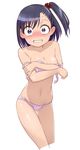 ass_visible_through_thighs blue_eyes blue_hair blush bra clenched_teeth cropped_legs ear_blush embarrassed groin hair_bobbles hair_ornament highres looking_at_viewer navel ooya-san_wa_shishunki panties pink_bra pink_panties satonaka_chie_(ooya-san_wa_shishunki) short_hair side_ponytail simple_background solo surprised sweatdrop teeth underwear underwear_only undressing wanao white_background 