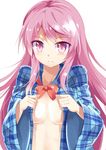  blue_shirt blush bow bowtie breasts breasts_apart closed_mouth collarbone collared_shirt e.o. hata_no_kokoro highres long_hair looking_at_viewer no_bra open_clothes open_shirt pink_eyes pink_hair plaid plaid_shirt red_bow red_neckwear shirt simple_background small_breasts solo touhou tsurime undressing upper_body very_long_hair white_background wide_sleeves 