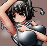  animal_ears armpits blush breast_squeeze breasts commentary_request d-kureta hat inubashiri_momiji large_breasts red_eyes sarashi short_hair silver_hair solo sweat tokin_hat touhou upper_body wolf_ears 