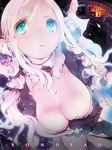  artist_name black_gloves blonde_hair blush breast_hold breasts choker cleavage cleavage_cutout copyright_name flower gloves green_eyes hair_flower hair_ornament hair_vines katerina_(rondo_duo) large_breasts looking_at_viewer parted_lips pink_hair rondo_duo solo tinkle_bell triangle_mouth twintails 