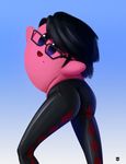  ass bayonetta bayonetta_(character) bayonetta_2 beauty_mark black_hair blue_eyes glasses kirby kirby_(series) looking_back short_hair super_smash_bros. what 