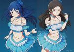  armband ayano_yuu_(sonma_1426) bare_shoulders black_hair blue_background blue_eyes blue_hair blue_skirt blush breasts choker cleavage earrings flower gradient gradient_background hair_flower hair_ornament highres idolmaster idolmaster_million_live! jewelry kitazawa_shiho large_breasts legs long_hair looking_at_viewer midriff mogami_shizuka mound_of_venus multiple_girls navel necklace off_shoulder orange_eyes simple_background skirt standing thighs 