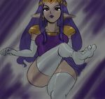  feet gloves pointy_ears princess_hilda purple_hair purple_lipstick red_eyes the_legend_of_zelda thick_thighs 