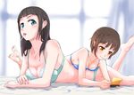  barefoot blue_bra blue_eyes bra breasts brown_hair candy cleavage food food_in_mouth green_bra green_panties handheld_game_console hi_iro lollipop long_hair lying medium_breasts mouth_hold multiple_girls nintendo_ds on_stomach orange_eyes original panties short_hair small_breasts stylus underwear underwear_only yuri 