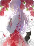  black_cat book bow cat dress ellen_(majo_no_ie) flower hair_bow highres hukikojyakku long_hair majo_no_ie petals purple_hair red_bow rose solo yellow_eyes 