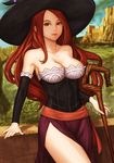  alternate_breast_size bare_shoulders breasts brown_eyes brown_hair cleavage detached_sleeves dragon's_crown dress hat long_hair medium_breasts red_hair side_slit solo sorceress_(dragon's_crown) staff strapless strapless_dress witch_hat yorimitsu 