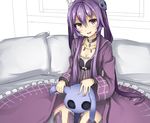  battery_aida_ni_misu_ga_deta breasts brown_eyes choker cleavage dress hair_ornament holding holding_stuffed_animal jewelry long_hair looking_at_viewer medium_breasts memento_(sennen_sensou_aigis) necklace on_bed open_mouth pillow purple_dress purple_hair sennen_sensou_aigis simple_background sitting sitting_on_bed solo stuffed_animal stuffed_toy very_long_hair 