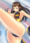  1girl alternate_costume alternate_hairstyle black_dress breasts brown_hair capcom china_dress chun-li cleavage edexigerero large_breasts leg_up long_hair ryourou_(edexigerero) sideboob solo street_fighter street_fighter_v 