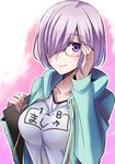  absurdres bad_id bad_twitter_id bangs blush breasts check_translation clipboard fate/grand_order fate_(series) glasses hair_over_one_eye hand_on_own_face highres holding hood hooded_jacket jacket large_breasts looking_at_viewer mash_kyrielight purple_eyes purple_hair shimo_(s_kaminaka) shirt short_hair smile solo t-shirt translation_request upper_body 