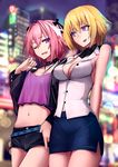  1girl alternate_costume astolfo_(fate) bad_id bad_pixiv_id bare_arms bare_shoulders blonde_hair breast_conscious breasts chemise city_lights cleavage cowboy_shot cropped_jacket crossdressing fate/apocrypha fate_(series) jeanne_d'arc_(fate) jeanne_d'arc_(fate)_(all) jewelry large_breasts midriff miniskirt navel necklace one_eye_closed open_mouth otoko_no_ko pendant pink_eyes pink_hair shijiu_(adamhutt) shirt shorts side_slit skirt sleeveless sleeveless_shirt thighs 