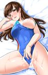  after_sex after_vaginal breasts brown_eyes brown_hair chikugen_shiina competition_swimsuit cum cum_in_pussy cumdrip idolmaster idolmaster_cinderella_girls large_breasts long_hair nipples nitta_minami one-piece_swimsuit one_breast_out open_mouth solo swimsuit 