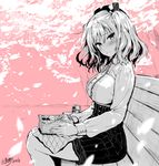  bench blush breasts hat kantai_collection kashima_(kantai_collection) kojima_saya large_breasts long_sleeves looking_at_viewer monochrome obentou shirt sitting skirt solo spot_color twintails 