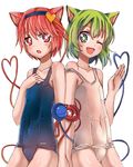  animal_ears cat_ears covered_navel eyeball flat_chest green_eyes green_hair hairband heart heart_of_string holding_hands kemonomimi_mode komeiji_koishi komeiji_satori looking_at_viewer multiple_girls no_hat no_headwear off_shoulder one-piece_swimsuit one_eye_closed open_mouth pink_eyes pink_hair re-ka school_swimsuit short_hair siblings simple_background sisters smile string swimsuit third_eye touhou white_background white_school_swimsuit white_swimsuit 