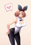  :p animal_ears arm_at_side beige_background black_bow blue_eyes bow breasts brown_hair bunny_ears bunny_tail bunnysuit cleavage_cutout clenched_hand covered_nipples eyelashes fake_animal_ears fishnet_pantyhose fishnets hair_between_eyes hairband heart large_breasts leaning_forward leotard looking_at_viewer original pantyhose short_hair simple_background sleeveless solo spoken_heart tail tongue tongue_out toriseru_(thesuperhero) 