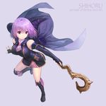  bare_shoulders black_footwear boots breasts cape curry_bowl fingerless_gloves gloves hai_to_gensou_no_grimgar highres knee_boots large_breasts purple_eyes purple_hair shihoru_(grimgar) short_hair solo staff 