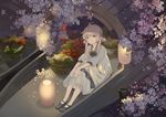  ao_hitomi basket boat cherry_blossoms double_bun food from_above lantern light_smile long_hair looking_at_viewer paper_lantern petals pixiv_fantasia pixiv_fantasia_t sampan scenery silver_hair sitting solo tree vegetable water watercraft 