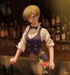  alcohol bar bartender blonde_hair blue_eyes bow bowtie cocktail earrings formal jewelry king_(snk) reverse_trap ryuuko_no_ken shirt short_hair smile solo suit the_king_of_fighters the_king_of_fighters_xiv tim_yan 