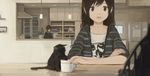  absurdres arm_support blurry brown_eyes brown_hair cat commentary cup depth_of_field highres indoors kitchen kitten long_hair looking_at_viewer multiple_girls muted_color original plant potted_plant refrigerator shion_(mirudakemann) short_hair smile sonic_youth teacup 
