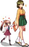  blue_eyes brown_eyes brown_hair height_difference hiryuu_(kantai_collection) holding_finger iwana japanese_clothes kantai_collection kazagumo_(kantai_collection) long_hair multiple_girls open_mouth pantyhose ponytail school_uniform skirt younger 
