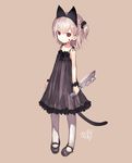  :&lt; animal_ears bare_shoulders black_dress blood blood_on_face capriccio cat_ears cat_tail dress full_body kaburi_chiko knife long_sleeves looking_at_viewer mary_janes original pantyhose red_eyes shoes short_hair side_ponytail silver_hair simple_background solo tail white_legwear 