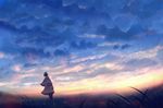  backlighting capelet cloud commentary dress dutch_angle fantasy field from_behind grass horizon lens_flare light_rays original pleated_dress sakimori_(hououbds) scenery short_hair sky solo sunrise wind 