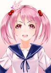  blush collarbone esg_(essagna) gradient gradient_background hair_bobbles hair_ornament highres kantai_collection looking_at_viewer open_mouth pink_eyes pink_hair ringed_eyes sazanami_(kantai_collection) school_uniform serafuku short_hair simple_background solo twintails 