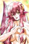  ;d fang hair_censor hair_ornament hairclip heart heart_hands lamia long_hair miia_(monster_musume) monster_girl monster_musume_no_iru_nichijou nude one_eye_closed open_mouth pointy_ears red_hair s-now scales signature smile solo upper_body yellow_eyes 